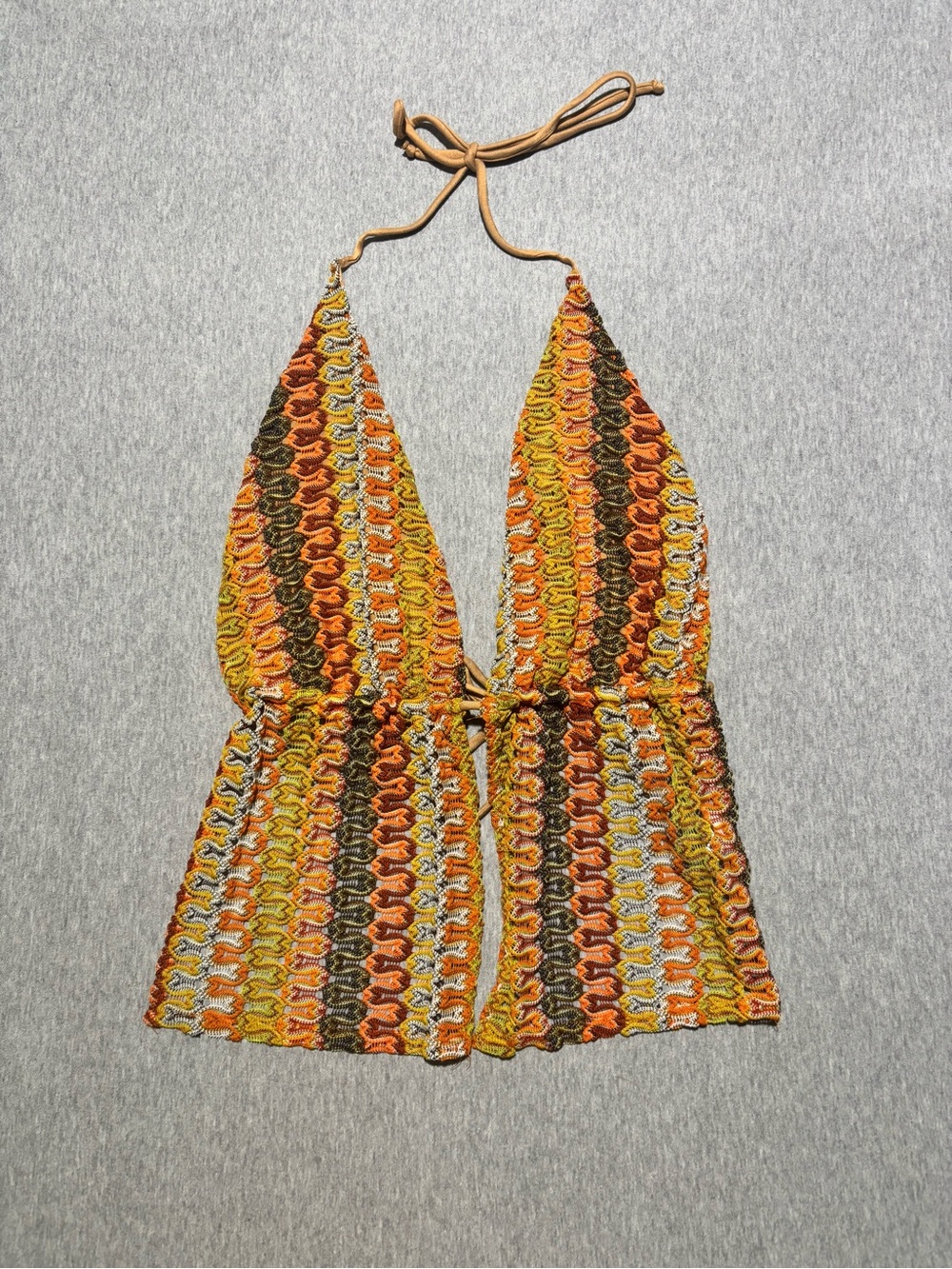 Fashion Nova Knit Halter Tank Top in Orange, Yellow & Brown